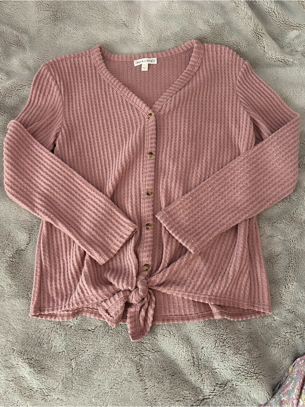 a new day Mauve Button-Front Waffle Knit Tie-Hem Cardigan